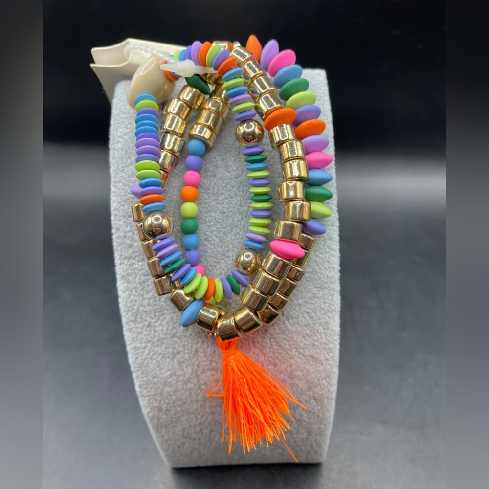 NWT A New Day Colorful Beaded & Gold Stack Stretchy Bracelet Set w Cowrie Shell